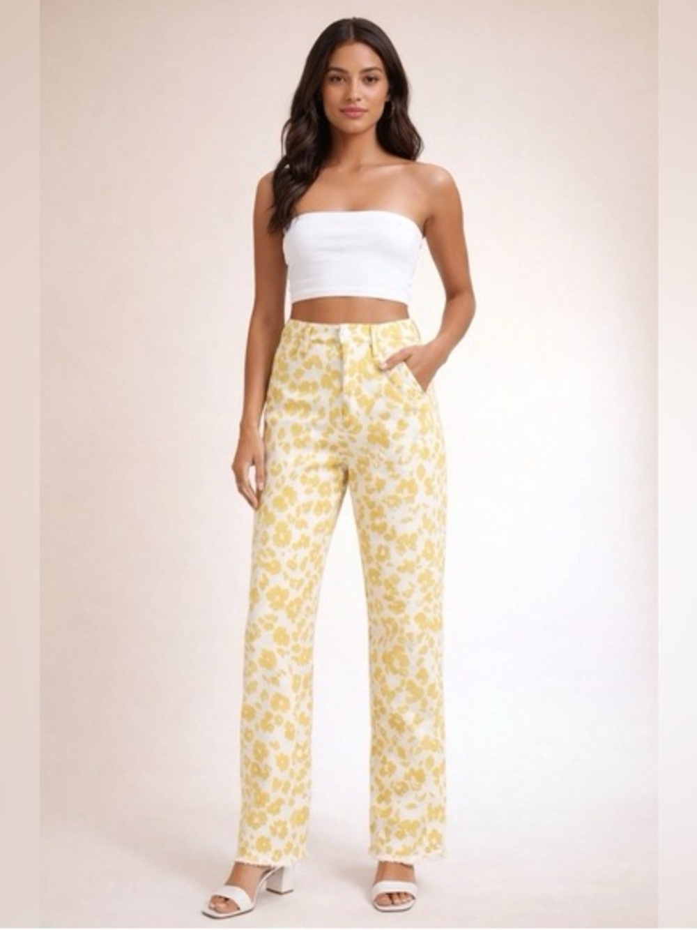 MOTHER Yellow and Cream Floral High-Rise Straight Leg Jeans